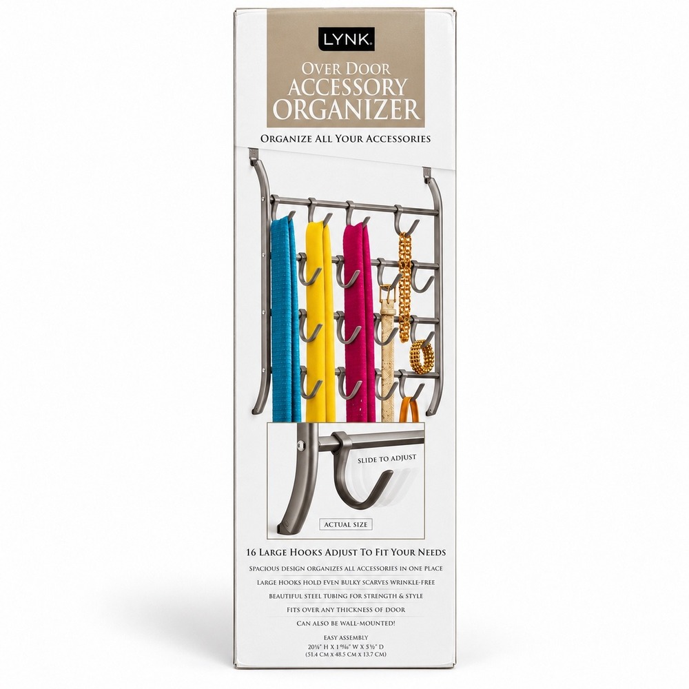 LYNK Over Door Accessory Organizer 16 Adjustable Hooks Platinum Wall Mount Door